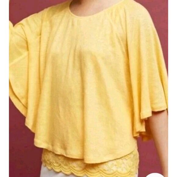 ANTHROPOLOGIE AKEMI + KIN Yellow Dolman Sleeve Top Lace Linen MEDIUM - Picture 1 of 8